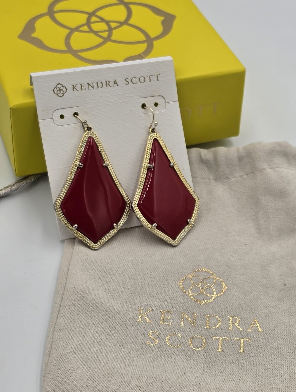 Kendra Scott Berry Red Burgundy Alexandra Gold-Trim Kite Drop Earrings Vintage